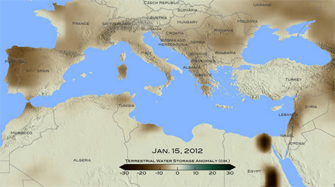 Drought in Eastern Mediterranean: For January 2012, brown shades show the decrease in water storage from the 2002-2015 average in the Mediterranean region. Units in centimeters. The data is from the Gravity Recovery and Climate Experiment, or GRACE, satellites, a joint mission of NASA and the German space agency.